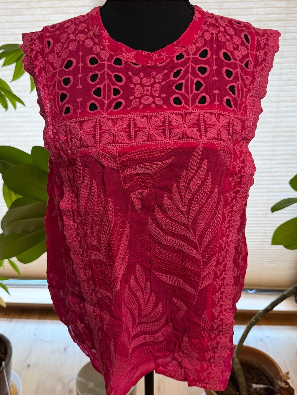 Embroidered Sleeveless Eyelet Shell - Hot Pink